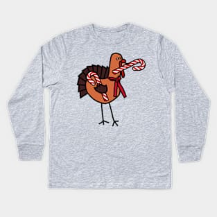 Thanksgiving Turkey Holding Christmas Candy Cane Kids Long Sleeve T-Shirt